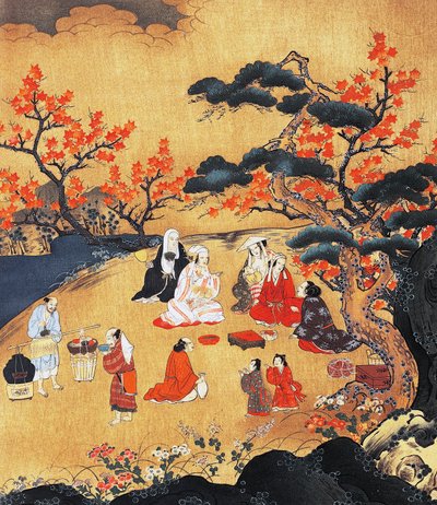 Vrouwen kijken naar esdoorns in Takao, scherm, Azuchi-Momoyama Periode (1568-1600), Japan 16e eeuw, (detail) door Period Momoyama