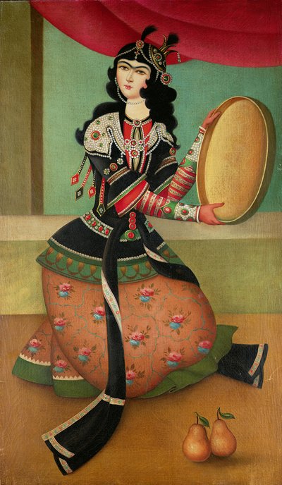 Een dansend meisje met een tamboerijn, Qajar-school door Persian School