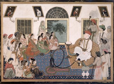 Een Europeaan, waarschijnlijk Sir David Ochterlony (1758-1825), in Indiase kleding, rookt een waterpijp en kijkt naar een nautch in zijn huis in Delhi, c.1820 door Persian School