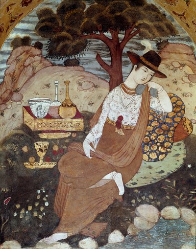 Een Perzische prinses onder het bewind van Abbas I, rustend. 17e eeuw. Fresco uit het Paleis van de 40 Kolommen (Chehel Sotoun) in Isfahan, Iran. door Persian School