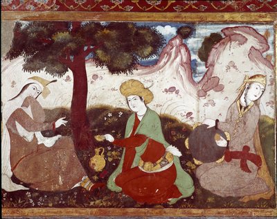 Een Perzische prinses met haar hofdames in een 17e-eeuwse tuin door Persian School