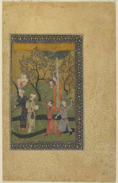 Een prins en prinses omringd door hovelingen in een tuin, ca. 1480 door Persian School