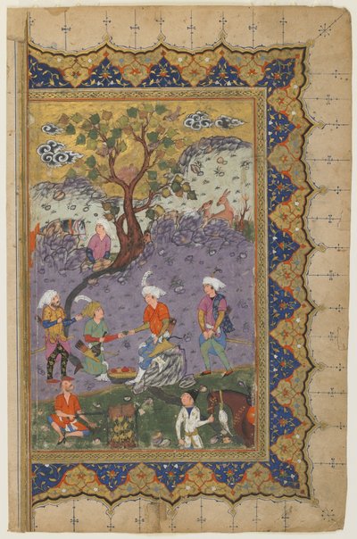 Een prins gezeten in een landschap met bedienden, ca. 1600 door Persian School