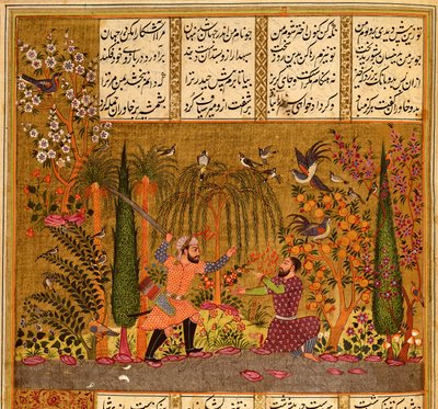 Koning Khavar, vermomd als tuinman, wordt aangevallen door Persian School