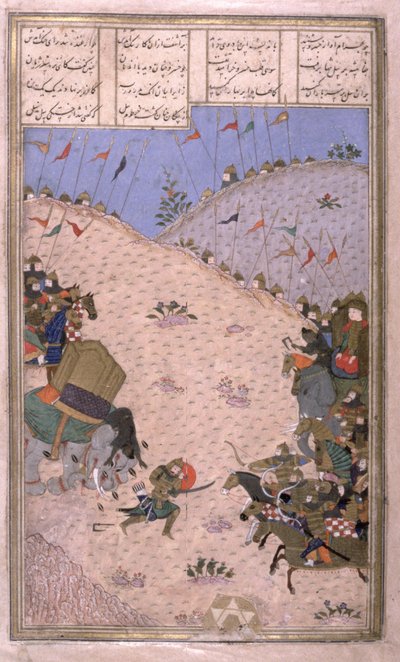 Bahram Chubina, zijn Olifant Gedood, Vechten te Voet, illustratie uit de Shahnama (Boek der Koningen) door Abul-Qasim Manur Firdawsi, ca. 1440-45 door Persian School