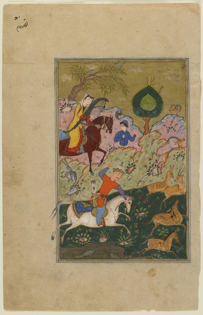 Bahram Gur jaagt met Azada, uit een Khamsa, ca. 1580 door Persian School