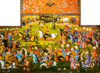 Slag bij Taher-Abad of Slag bij Merv met overwinning van Shah Ismail I op Muhammad Shaybani Khan, Ontvangsthal, Chehel Sotun, 1647 door Persian School