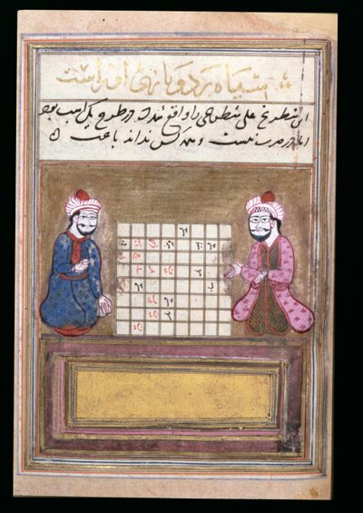 Schaakspelers, pagina uit een Verhandeling over Schaken, vroege Safavid (inkt op papier) door Persian School