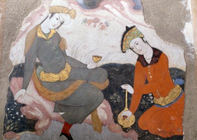 Vrouwelijke figuren met glas en fles door Persian School