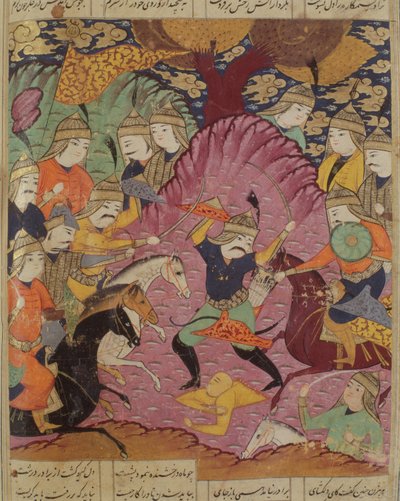 Gevecht tussen Bahrama en Tazaw, illustratie uit de Shahnama (Boek der Koningen) door Abul-Qasim Manur Firdawsi (ca. 934-ca. 1020) 1619 door Persian School