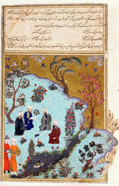 Firdawsi en de Drie Hofdichters van Ghazna, illustratie uit de Shahnama (Boek der Koningen) door Abul-Qasim Manur Firdawsi, ca. 1440-45 door Persian School
