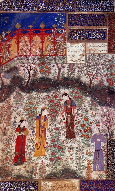 Eerste ontmoeting van Prins Houmay en Prinses Houmayoun van China. Miniatuur uit een gedicht van Kuradjou Kirmani, gerealiseerd door de school van Herat, rond 1430. Iran. Sierkunsten, Parijs door Persian School