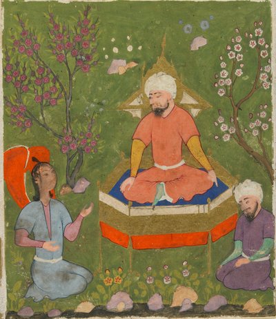 Folio uit Ajaib al-Makhluqat (Wonderen der Schepping) door al-Qazwini; Geheiligde figuur op een troon door Persian School