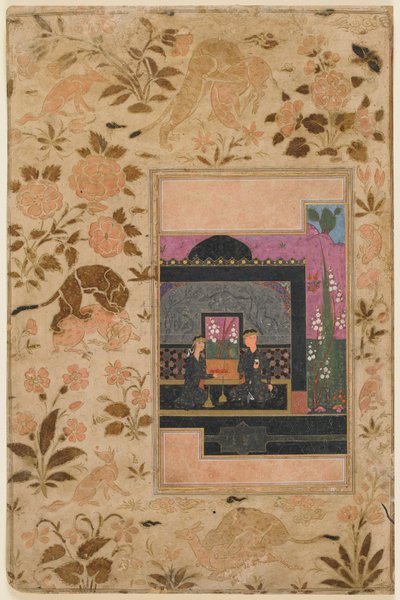 Folio uit Haft paykar; Bahram Gur en de prinses in het zwarte paviljoen door Persian School