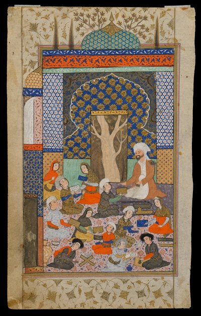 Folio uit een Khamsa (Kwintet) door Nizami; recto: Layla en Majnun op school, Iran, Safavid periode, ca.1600-10 door Persian School