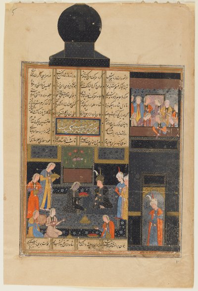 Folio uit Khamsa (Kwintet) door Nizami; Bahram Gur en de prinses in het zwarte paviljoen door Persian School