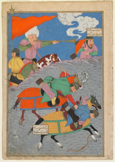 Folio uit Shahnama (Boek der Koningen) door Firdawsi; Slag tussen Zanga en Awkhast door Persian School
