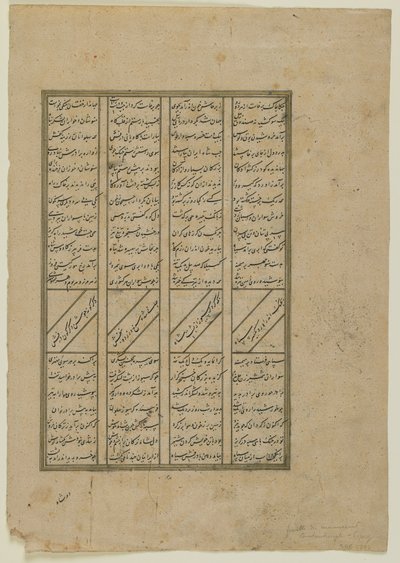 Folio uit een Shahnama (Boek der koningen) door Firdawsi (gest. 1020); recto: Het gevecht tussen Kay Khosrow en Afrasiyab en de terugtocht van Afrasiyab; verso: tekst uit het verhaal van Kay Khusraw, los manuscript folio door Persian School