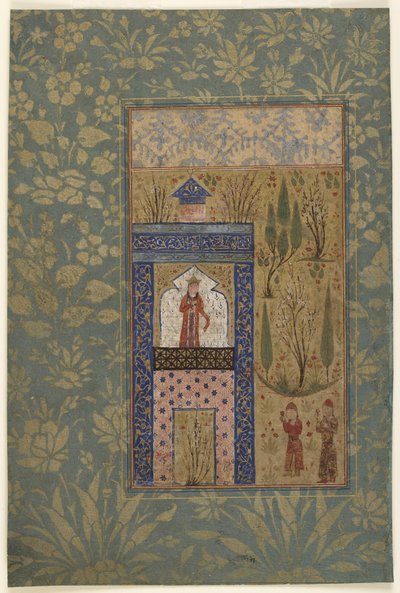 Folio uit een Anthologie; Twee jongeren voor een prinses bij een raam, Iran, 1417-18 door Persian School