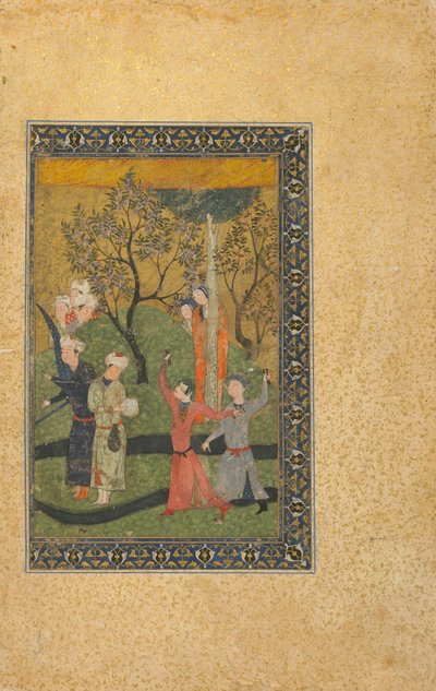 Folio uit een onbekende tekst; Een prins en prinses omringd door hovelingen in een tuin, Iran, Turkoman periode, ca. 1480 door Persian School