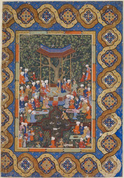 Folio uit een onbekende tekst; Een heerser in een tuinpaviljoen omringd door hovelingen en bedienden door Persian School
