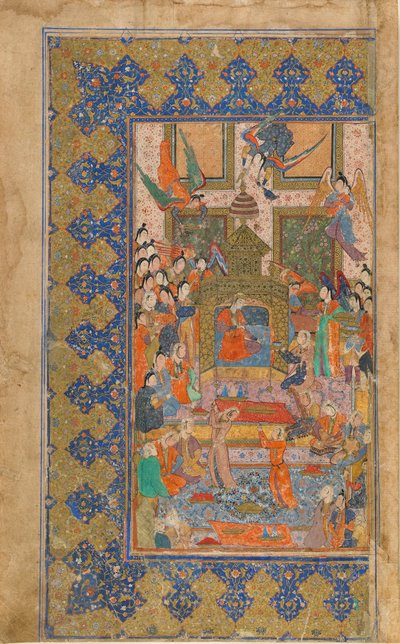 Folio uit een onbekende tekst; Een prinses op een troon door Persian School