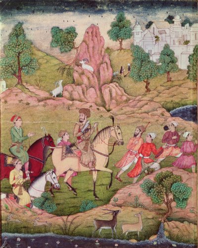 Jagen met een valk, Safavid dynastie (1502-1736) door Persian School