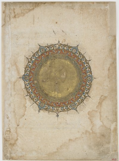 Verlicht medaillon met twee decoratieve randen, folio uit een onbekende tekst, Iran, 13e-14e eeuw door Persian School