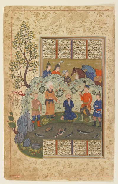 Kay Khusraw bereidt zich voor om Afrasiyab te onthoofden, ca. 1590-1600 door Persian School