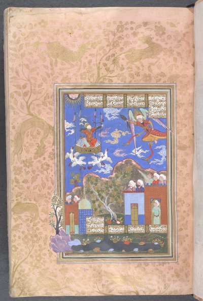 Koning Kai Kawus in een door adelaars getrokken wagen door Persian School