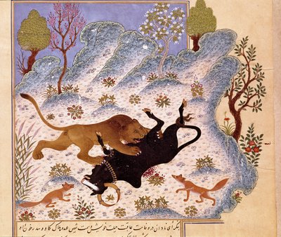 Leeuw die een stier aanvalt Pagina van een Kalila en Dimna door Persian School