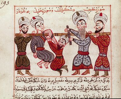 Geneeskunde: orthopedische ingreep. Miniatuur uit een melkboek van de Turkse geneeskunde door Charaf-ed-din (Charaf ed Din) (1404-1468) na 