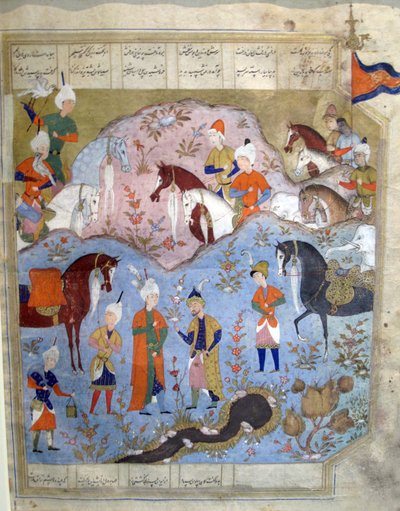 Ontmoeting van Siyarvush en Afrasiyab uit de Firdosi Shahnam, 1565-66 door Persian School