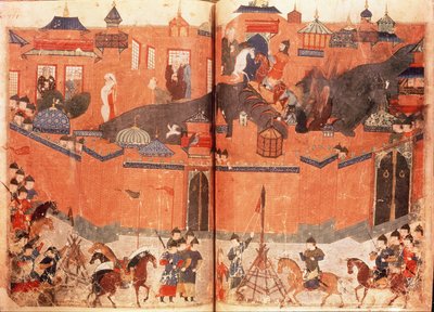 Ms.Sup.Pers.1113.f.180v-181 Mongolen onder leiding van Hulagu Khan bestormen en veroveren Bagdad in 1258, uit een boek van Rashid al-Din (1247-1318) door Persian School