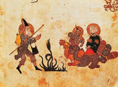 Abu Zayd verlaat al-Harith tijdens de pelgrimstocht naar Noord-Irak, uit Al Maqamat, (De Bijeenkomsten), geïllustreerd door Hariri, tweede kwart van de 13e eeuw (gouache op perkament) door Persian School