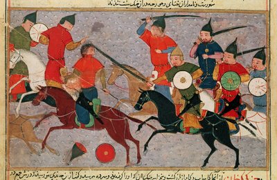 Ms Pers.113 f.49 Genghis Khan (c.1162-1227) in de strijd, uit een boek door Rashid-al-Din (1247-1318) door Persian School