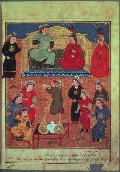 Arghan Khan met twee van zijn vrouwen en zijn zoon Ghazan, uit een boek van Rashid ad-Din (1247-1318) door Persian School