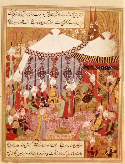 Or.1359 fol. 35 v. Sultan Bayazid gevangen door Timur, 1402 uit de Zafarnama 1533 door Persian School