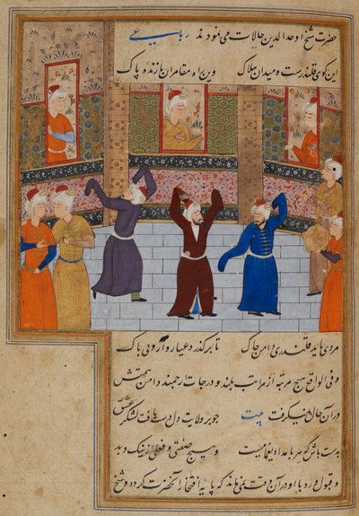 Muhammad Tabadkani (gest. 1486) danst met derwisjen, illustratie uit 