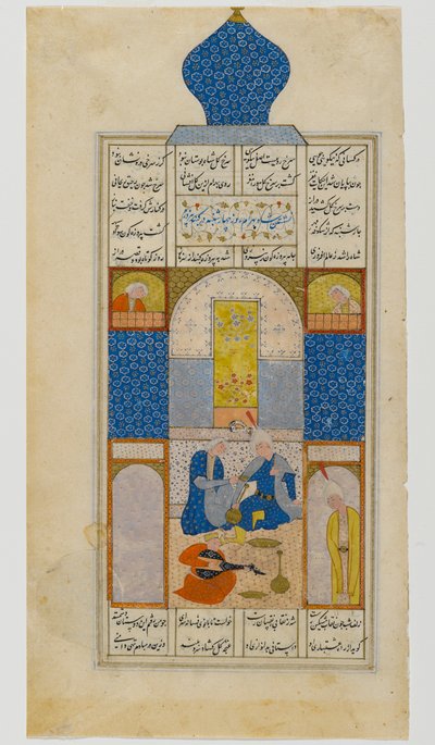 Pagina uit de Haft Paykar (Zeven Portretten), uit een manuscript van de Khamsah van Nizami: Bahram Gur bezoekt de koepel van Piruza op woensdag door Persian School