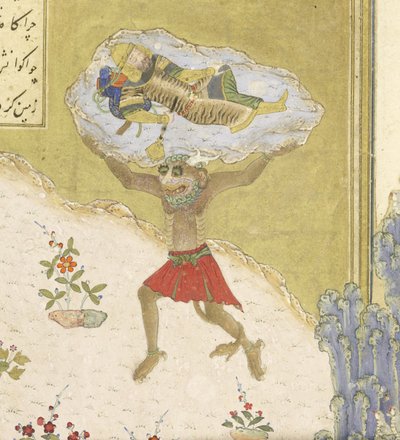(detail) De div Akvan tilt de slapende Rustam op, illustratie uit de Shahnama (Boek der Koningen) door Persian School