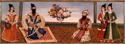 Perzische koning Fath Ali Shah (1771-1834) omringd door leden van zijn hof. Schilderij van de Shiraz School (19e eeuw) Teheran, Foroughi Collectie door Persian School