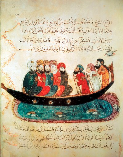 Perzische boot, reizigers vervoerend en aangedreven door roeiers, op de Eufraat, ca. 1240 door Persian School