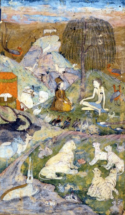 Perzische miniatuur uit de 17e eeuw die de Schepping van de Wereld voorstelt: Man en Vrouw worden afgebeeld bij de boom des levens, evenals alle dieren. Zoroastrisme: religie van Zarathustra (Zarathustra, Zarathushtra, Zarathustra of Zoroastra) door Persian School