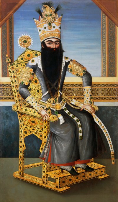 Portret van Fath Ali Shah, ca. 1805, koning van Perzië van 1797 tot 1834, onbekende kunstenaar, olieverf op doek door Persian School