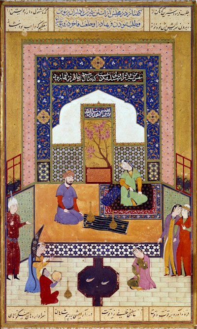 Prinses Shirin (Chirin) ontvangt Farhad in haar Perzische miniatuurkasteel illustrerend een episode van Nizami