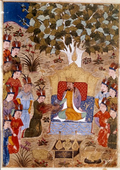 Afbeelding van Chaghtai Khan (1227-1242) op zijn troon, hij is de zoon van Genghis Khan te paard. Perzische miniatuur uit Jami al-Tawarikh (Universele Geschiedenis) door historicus Rashid al-din (1247-1318) Rond 1430. door Persian School