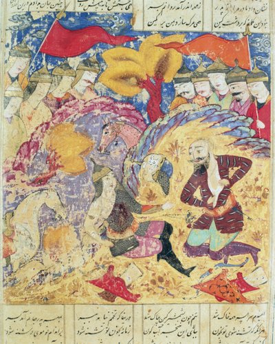 Rostam rouwt om de dood van Sohrab, illustratie uit de Shahnama (Boek der Koningen) door Abul-Qasim Manur Firdawsi (ca. 934-ca. 1020) 1619 door Persian School