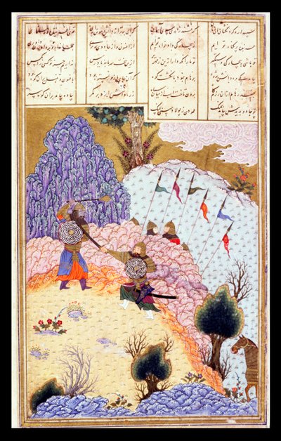 Ruhham valt de Turanische tovenaar aan, illustratie uit de Shahnama (Boek der Koningen) door Persian School