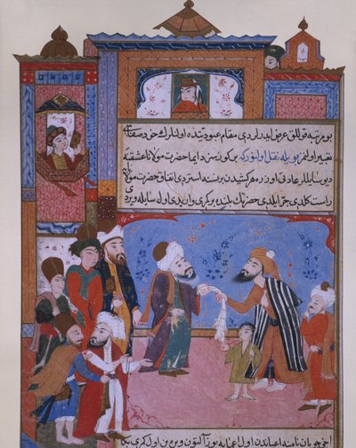 Rumi biedt zijn riem aan een bedelaar, eind 16e eeuw door Persian School